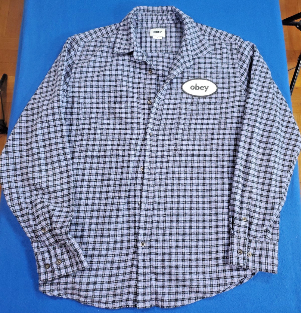 Obey Bigwig Andy Shirt Mens Size Medium Navy Blue Plaid Woven Button Up Long